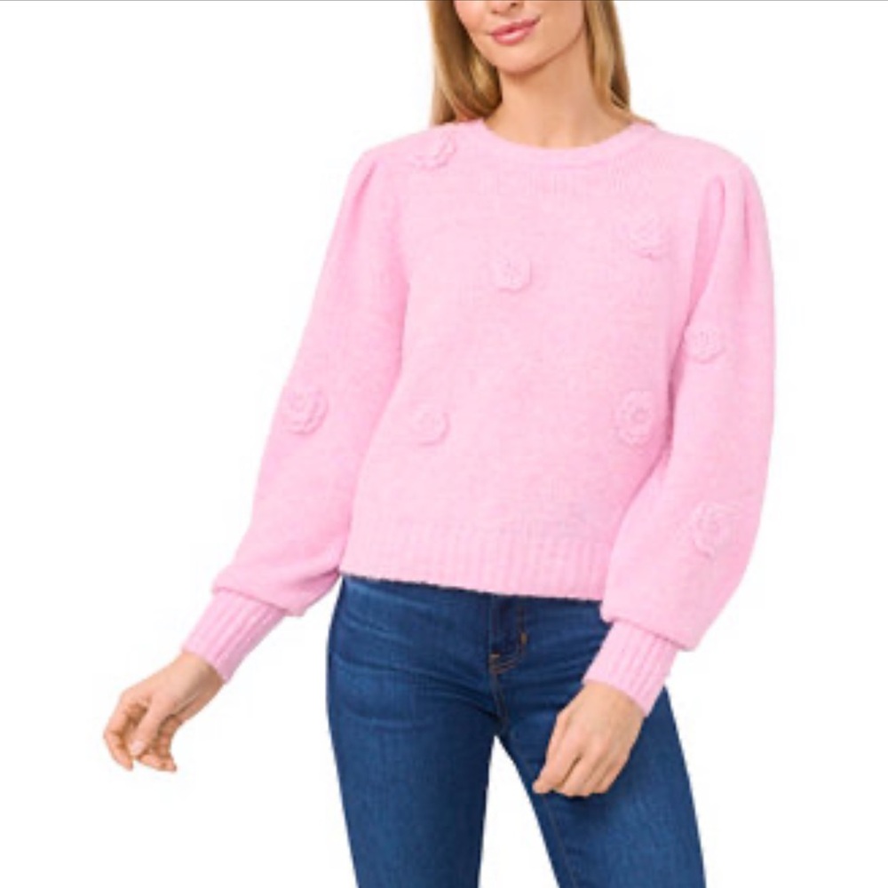 Pink Floral Corsage Sweater CeCe NWOT Y2K Puff Sleeve Corsage Balletcore SZ M